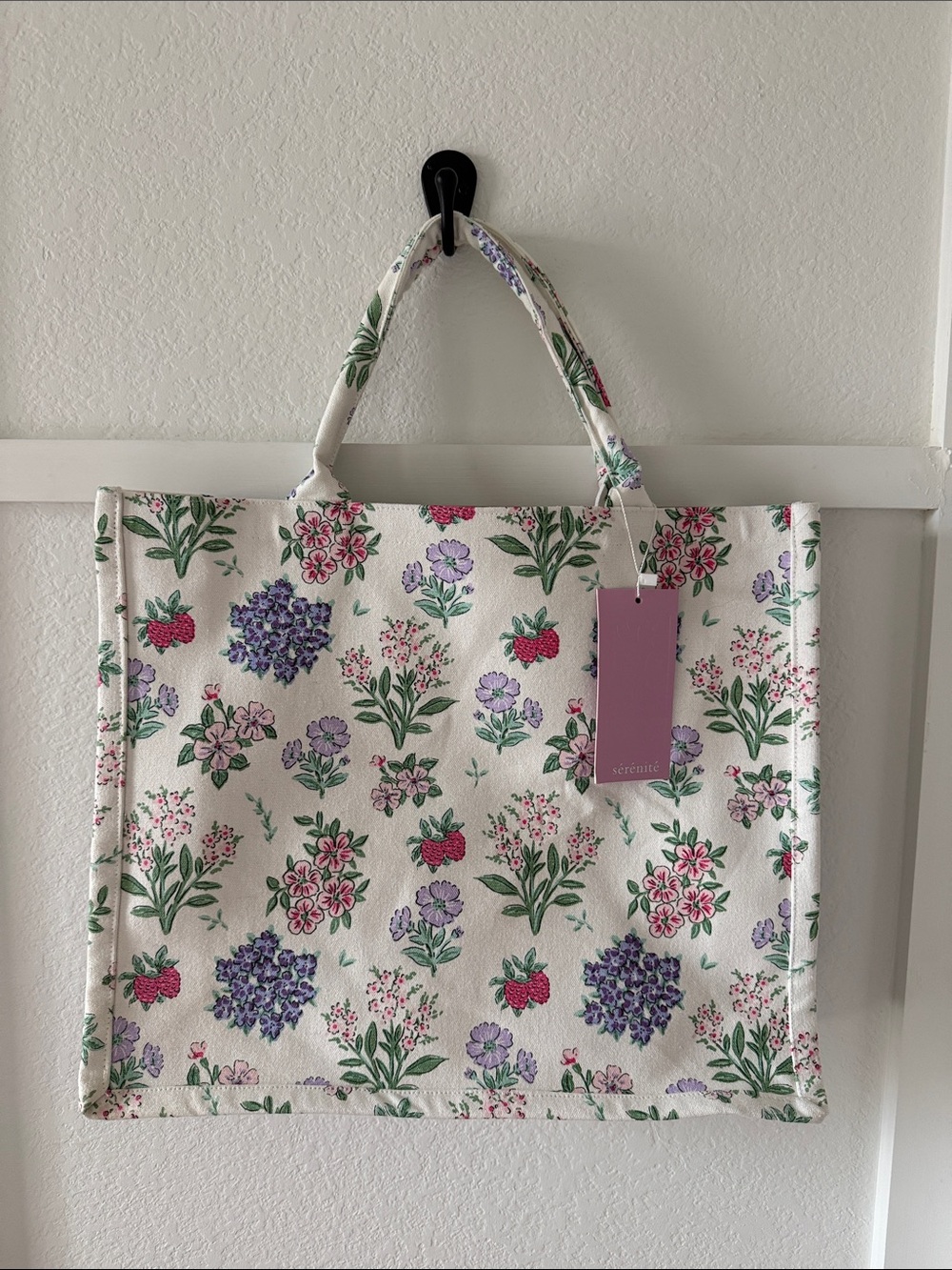 NWT Floral Canvas Tote Bag in Cream with Purple & Pink Flowers